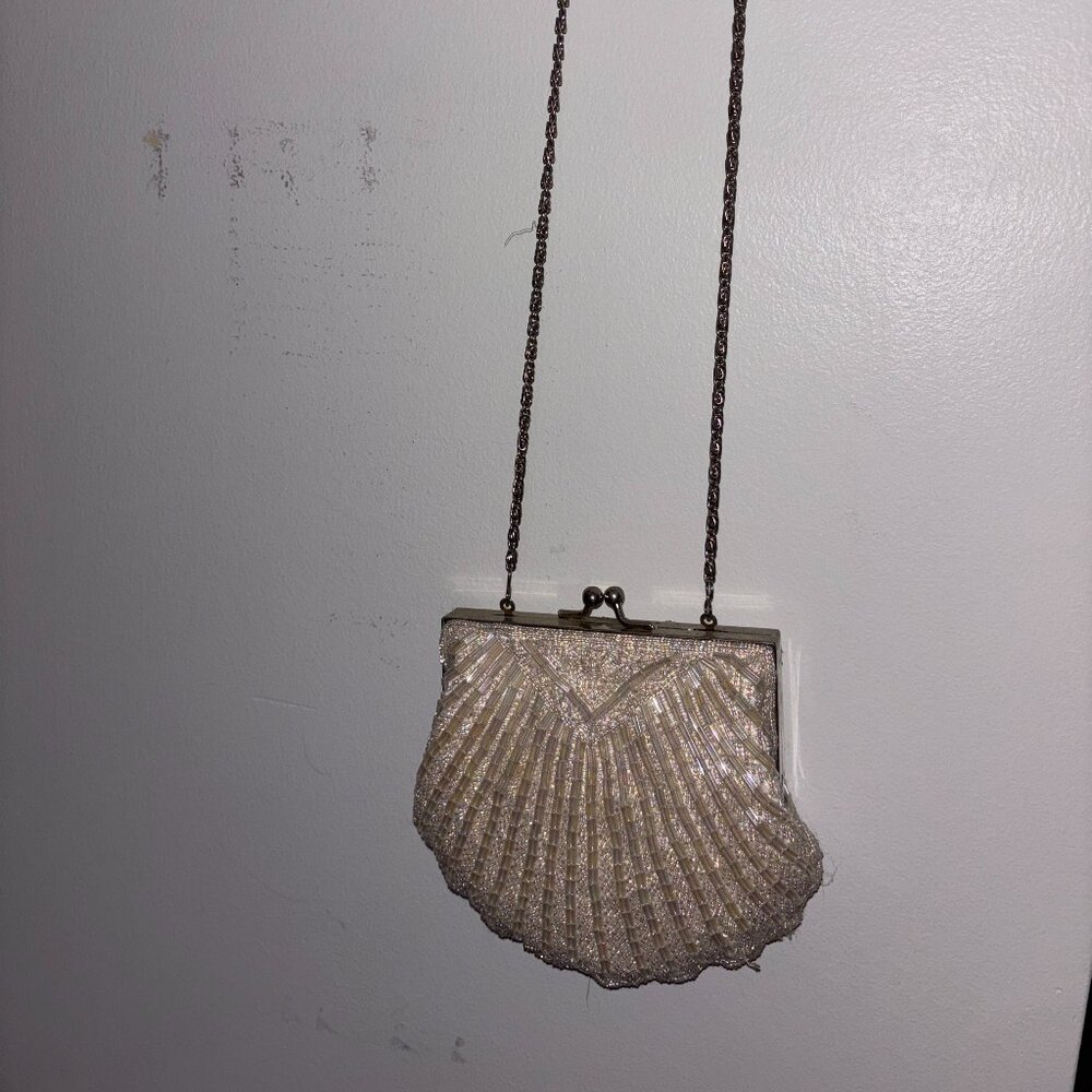 Vintage Beaded Shell Evening Clutch | Pearl Beading | Mirror Compact Included